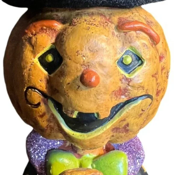 Folk Art Pumpkin Figurine Halloween Flocked Hat Whimsical Suit 12.5" tall x 6" d - Picture 5 of 16